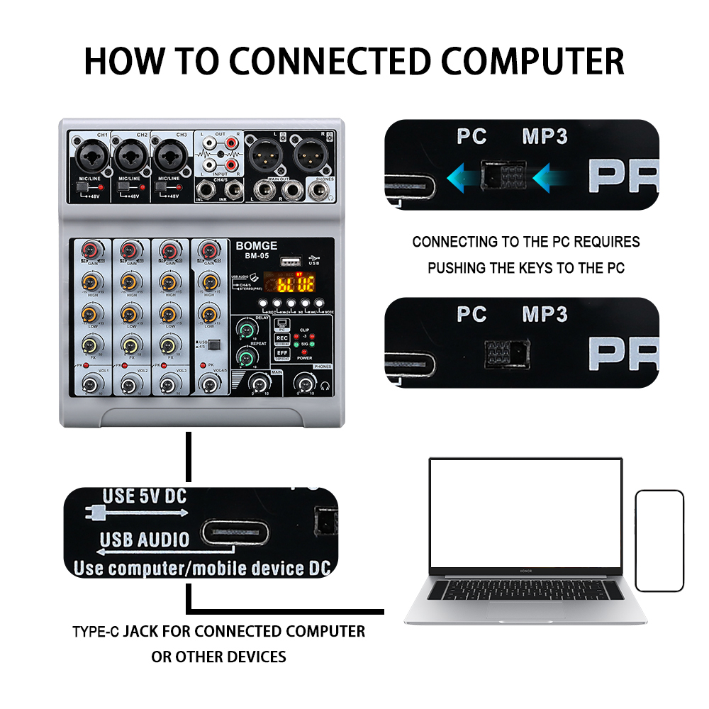 BOMGE 5 channels Audio mixer p - огляд і ціна Usb Sound Card